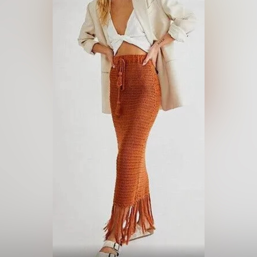 Free People Flook Brooke Tassel Crochet skirt XS Rust